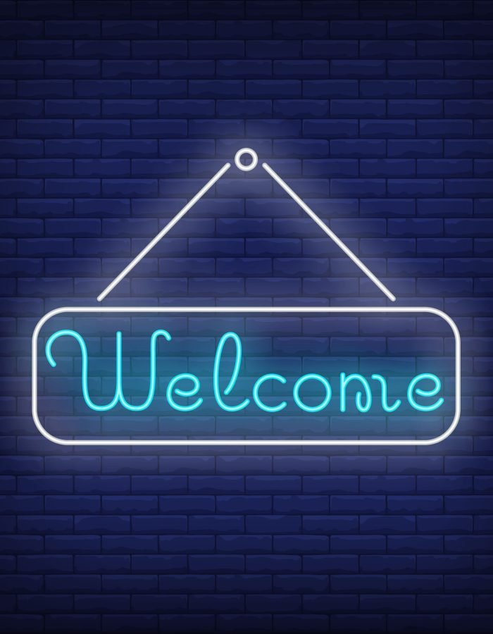 Welcome neon lettering on tablet. Invitation design. Night bright neon sign, colorful billboard, light banner. Vector illustration in neon style.
